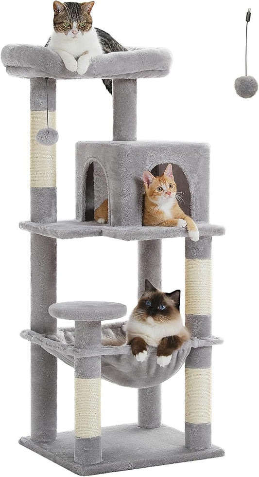 Cat Tree for Indoor Cats, 45.7" Multi-Level Cat Tower with Large Metal Frame Hammock, Cat Condo with 4 Scratching Posts and Top Perch for Small Medium Kitty, Grey