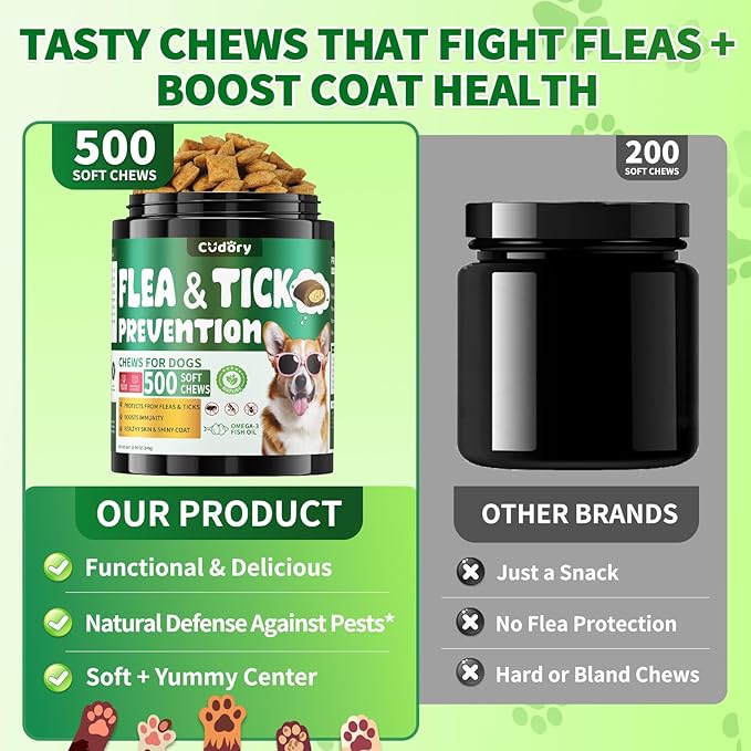 Flea and Tick Prevention for Dogs Chews- 500 Crunchy & Creamy Chews, Dogs Flea Chewables with Skin & Coat Support - Oral Supplement for All Breeds & Ages - Chicken & Cheese Flavor
