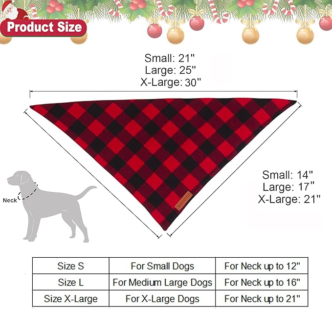 ADOGGYGO Christmas Dog Bandanas 2 Pack, Premium Cotton Fabric, Multiple Sizes Offered, Red Plaid Bandanas for Large X-Large Dogs (X-Large)