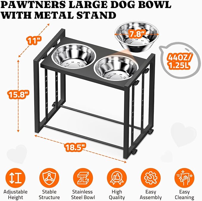 Elevated Metal Dog Bowls for Medium Breed: 4 Height-Adjustable Raised Dog Bowl Feeder Station with 2 Stainless Steel Bowls, Black
