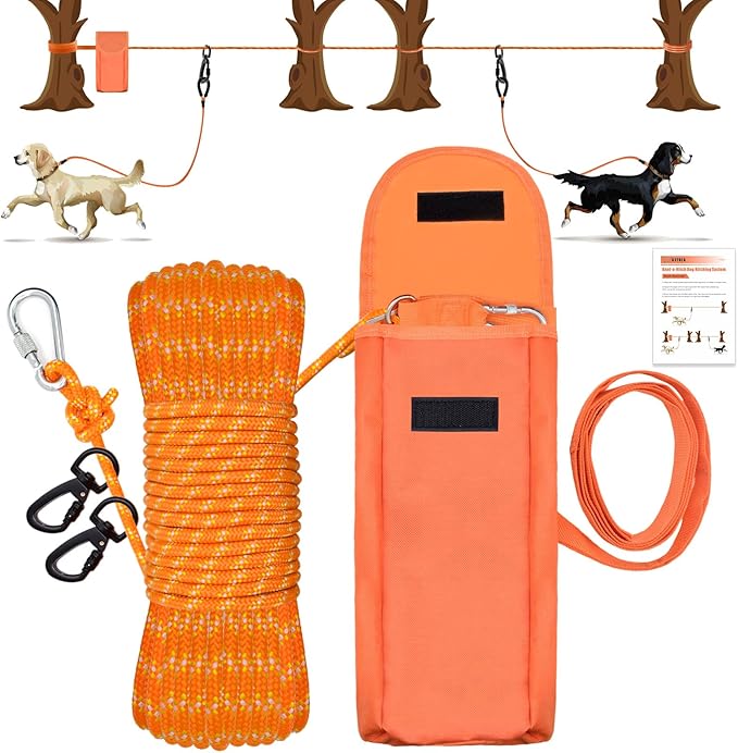 Upgraded Dog Tie Out Cable for Camping, 100FT Portable Trolley System for 2 Dogs, Knot-a-Hitch Dogs Hitching System up to 250lbs, Dog Runner for Yard Camping Training Running Hiking Outdoor