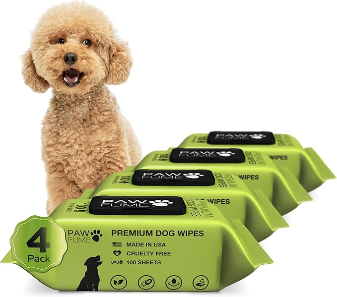 Pawfume Dog Wipes 4 x 100 Count, Pet Wipes – Hypoallergenic & Gentle Dog Wipes for Eyes, Face, Butt, and Paws – Cleaning & Deodorizing, Grooming Tear Stain Wipes for Puppy, Adult Dogs & Cats