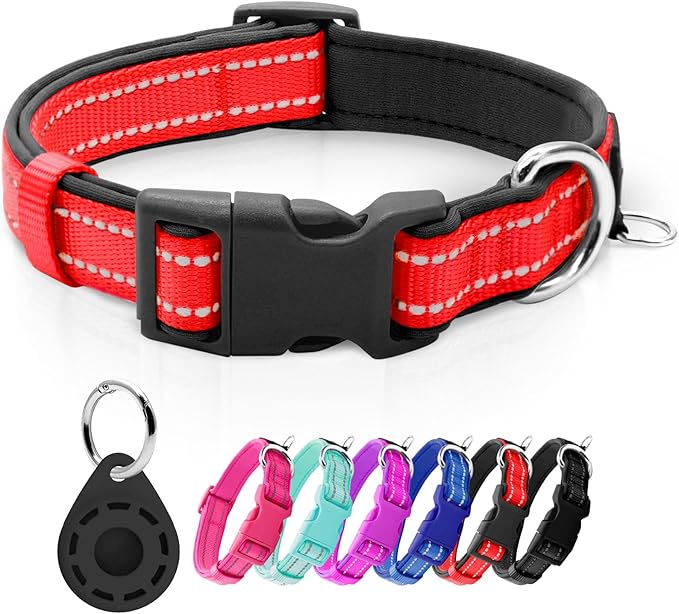 azuza Reflective Dog Collar with Airtag Holder, Soft Neoprene Padded Pet Collar with ID Tag Ring, Adjustable for Small Dogs,Red,S