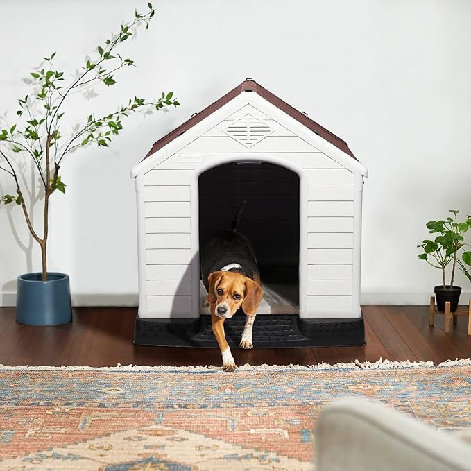 LEMBERI Durable Waterproof Plastic Dog House for Small to Large Sized Dogs, Indoor Outdoor Doghouse Puppy Shelter with Elevated Floor, Easy to Assemble (Brown, 42''L*38''W*39''H)