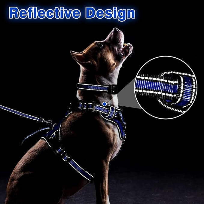 WINSEE Pet Harness Collar and Leash Set, All-in-one Reflective Dog Harness No Pull with Adjustable Buckles for Puppies, Small, Medium, Large, and Extra-Large Dogs (Large, Dark Blue)