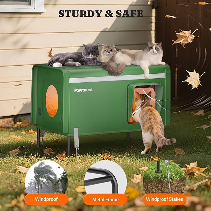 Pawtners Heated Outdoor Cat House for Outside Cats, 26'' XL Insulated Weatherproof Cat Shelter with Heated Pad, Elevated Feet & Escape Door, Warm Kitty House for Feral or Stray Cats in Winter