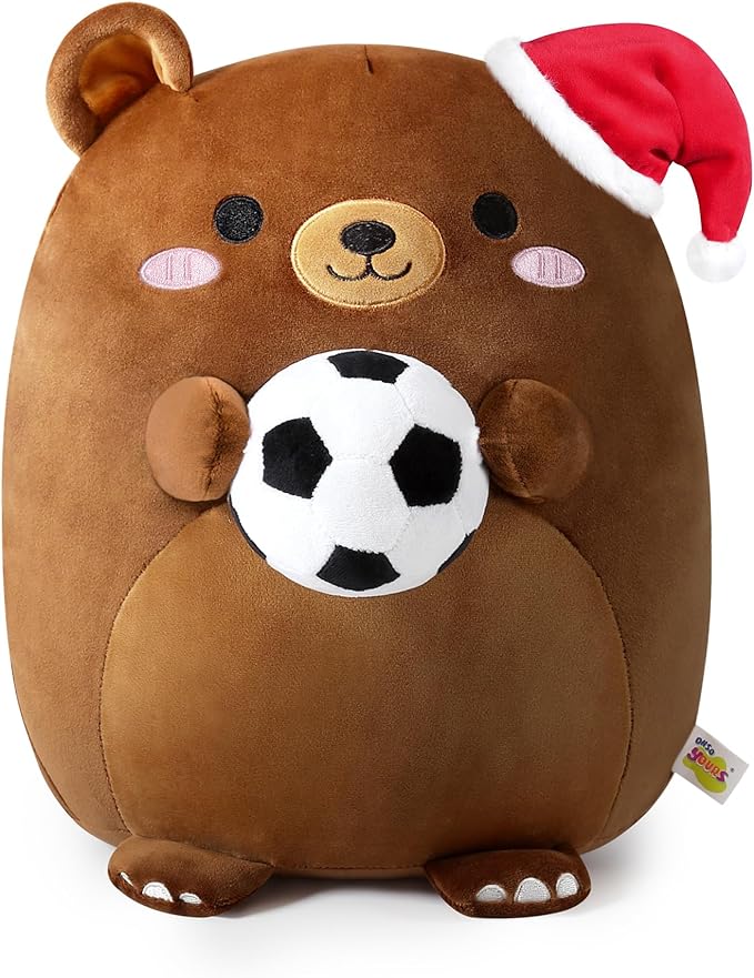 Onsoyours Original Christmas Bear Plush with Soccer Ball Santa Hat, Cute 12 inch Sport Brown Bear Stuffed Animal, Ultra Soft Hugging Xmas Gift Plush Toy for Kids & Adults