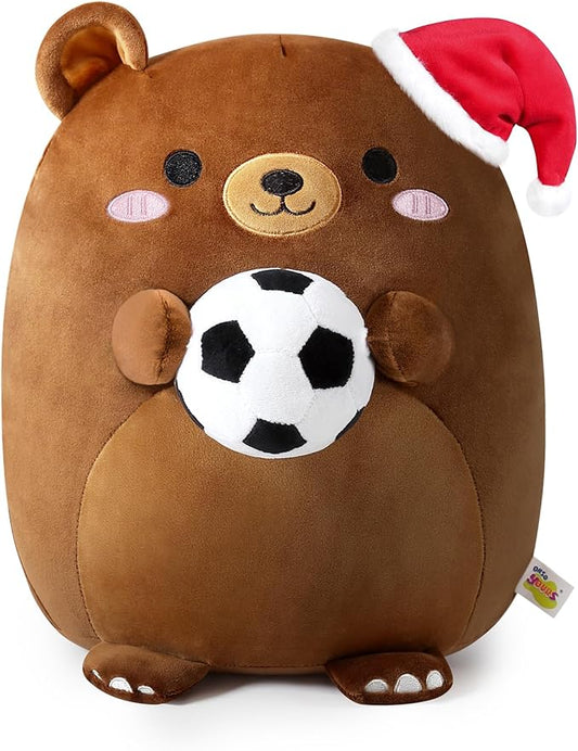 Onsoyours Original Christmas Bear Plush with Soccer Ball Santa Hat, Cute 12 inch Sport Brown Bear Stuffed Animal, Ultra Soft Hugging Xmas Gift Plush Toy for Kids & Adults