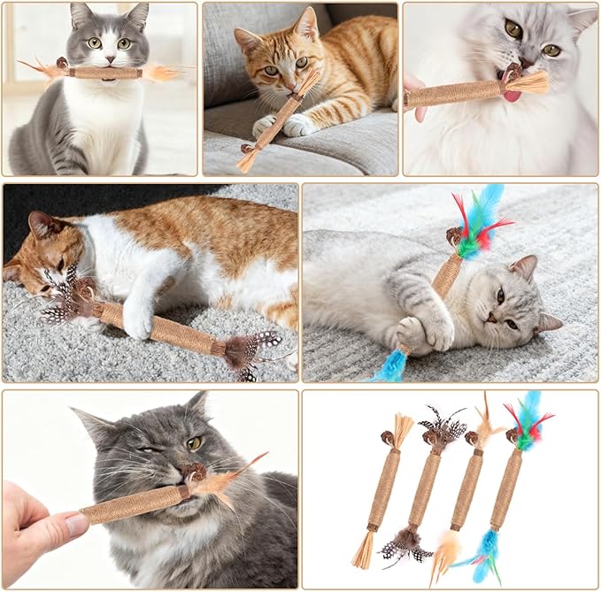 Cat Toys Cat Chew Toys, Silvervine Sticks Catnip Rope Toys for Cats Teeth Cleaning, Kitten Dental Care, Kitty Toys for Indoor Cats Increase Appetite,Enhances Oral & Dental Health (4 Pack)