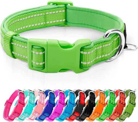 azuza Reflective Dog Collar, Soft Neoprene Padded Pet Collar with ID Tag Ring, Adjustable for Puppy and Small Dogs,Green,XS