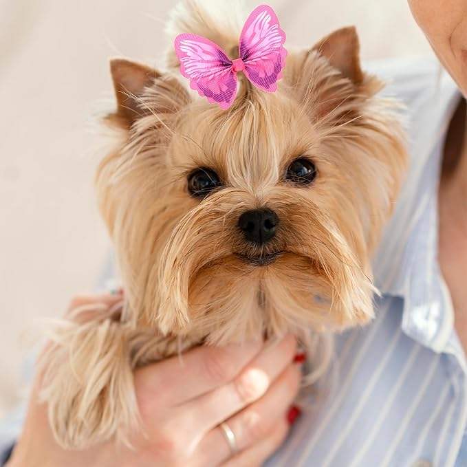 36 Pcs Small Dog Hair Bows with Rubber Bands Handmade Tiny Pet Grooming Accessories Butterfly Small Dog Knotted Bows Multicolor Pearls Flower Elastic Hair Ties Bands for Puppy Cats Pets