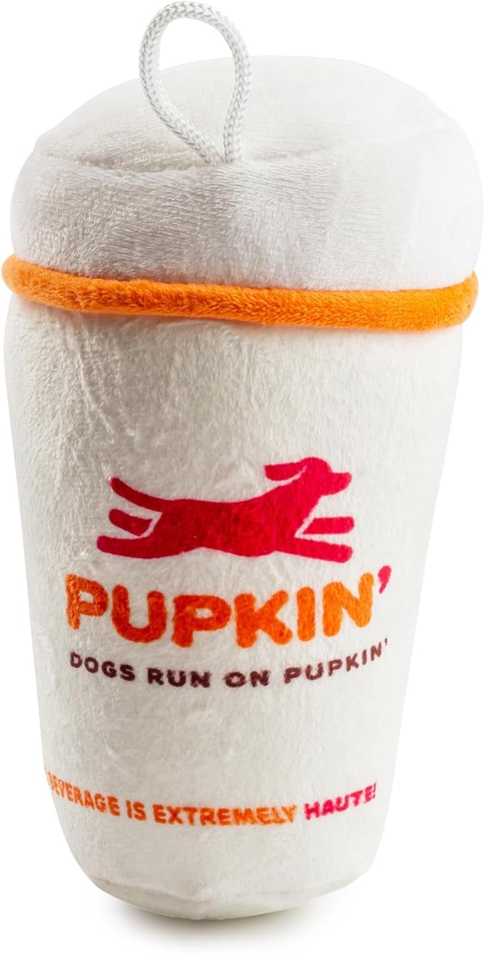 Haute Diggity Dog Pupkin' Donuts Hot Coffee Cup Plush Dog Toy for Small, Medium & Large Dogs, Interactive Funny Parody Squeaky Toys, Soft, Durable, Machine-Washable, Safe & Cute Birthday Gift for Dogs