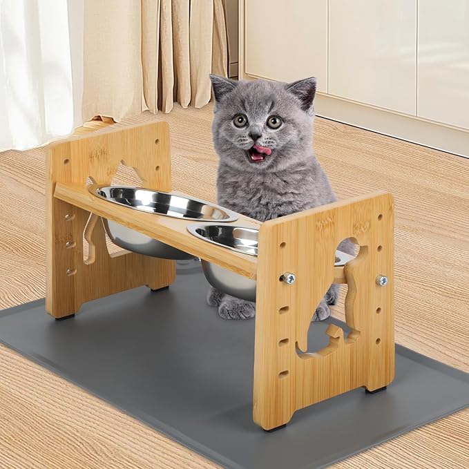Elevated Small Dog and Cats Bowls, Adjustable Raised Dog Bowl Stand for Small Breeds and Cats,Stand with 2 Stainless Steel Bowls, Anti-Slip Silicone Pad. ﻿