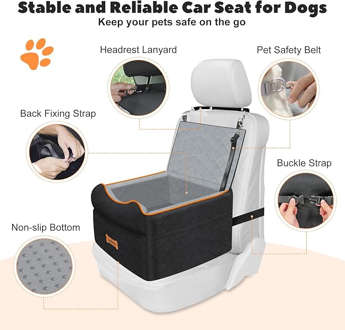 Small Dog Car Seat, Waterproof Dog Booster Seat with Thick Cushion & Safety Leash, Removable Car Back Seat Bed for 1 Small Dogs Under 25lbs, Pet Car Seat for Travel, Black/Gray
