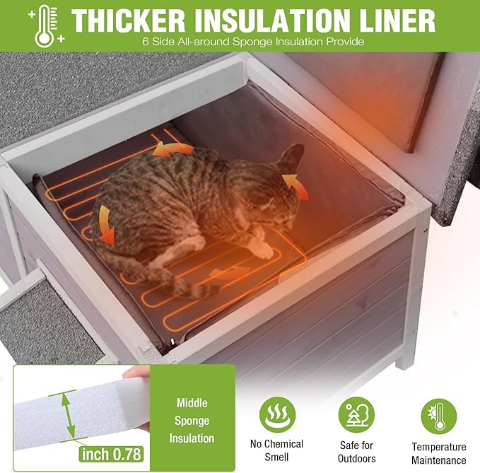 GUTINNEEN Large Heated Cat House Outdoor Insulated Cat House Weatherproof Feral Cat Shelter with Thermostat-Controlled Heating Pad, 6-Sided Thermal Liner for 1-4 Feral Stray Barn Cats (Winter-Ready)