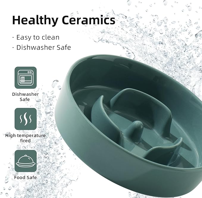 Ceramic 0.9 Cup Dog Bowl Slow Feeder for Small Dog, 6.1inch Pet Slow Feeder, Wet and Dry Food Dish, Stop Bloat, Preventing Choking(Single Bowl-Dark Green)