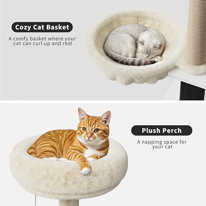 Litter Box Enclosure with Tree Tower, Condo, Cat Brush Post, and Passage, Hidden Washroom Furniture with Sisal Scratching Post & Soft Plush Perch, Wooden Multi-Platform Cat Furniture, White