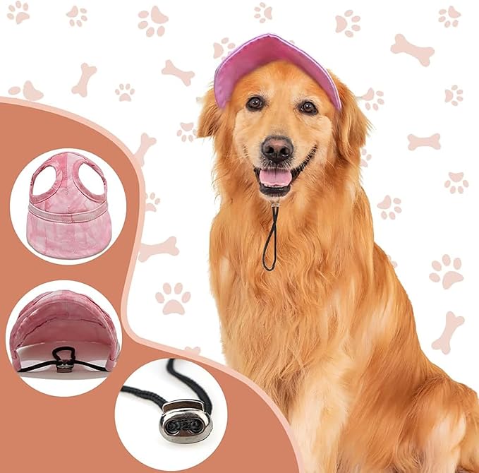 Outdoor Sun Protection Hood for Dogs, Adjustable Dog Sun Protection Baseball Hat Cap, Pet Baseball Hat Cap Visor Sunbonnet Outfit with Ear Holes for Dogs (Pink, Large)