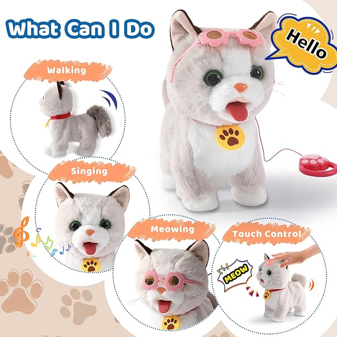 Walking Cat Set Interactive Talking Toy Kitten Repeat What You Say Robot Cat Toy for Girl Singing Dancing Touch Control with Leash Wagging Tail Nodding Plush Electric Ragdoll Kitty for Kid