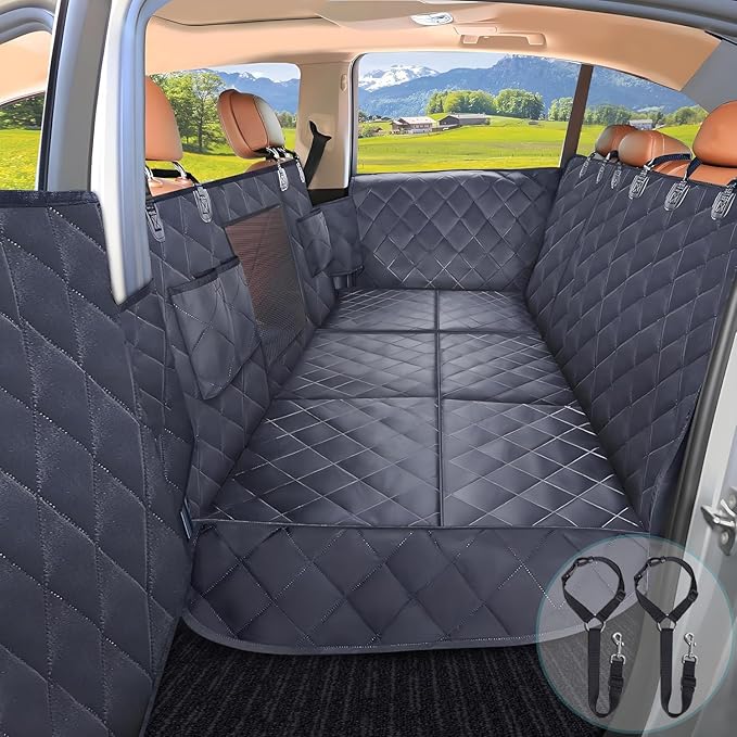 Back Seat Extender for Dogs + 2 Dog Seat Belts, Waterproof Heavy Duty Hard Bottom Car Seat Cover for Dogs with Door Protector Cover & Mesh Window | Dog Hammock for Car Pet Seat Protector for Car/SUV