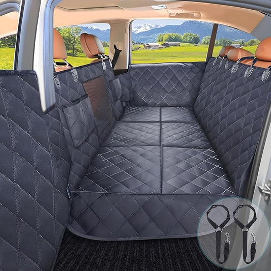 Back Seat Extender for Dogs + 2 Dog Seat Belts, Waterproof Heavy Duty Hard Bottom Car Seat Cover for Dogs with Door Protector Cover & Mesh Window | Dog Hammock for Car Pet Seat Protector for Car/SUV
