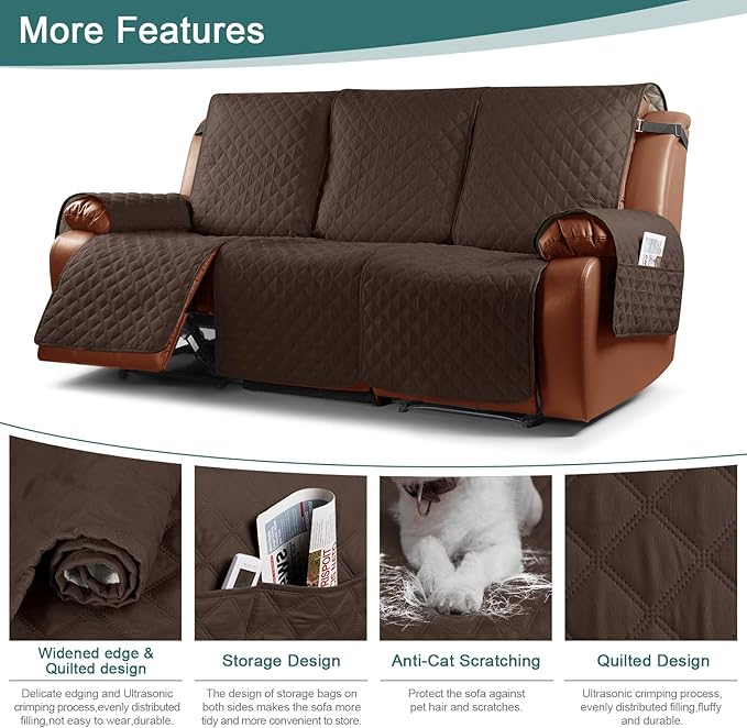 Ruaozz Waterproof Recliner Sofa Cover 1-Piece Couch Covers for Reclining Couches Reclining Sofa Cover Washable Furniture Protector with Elastic Straps Pocket for Kids, Pets (Dark Brown, 3 Seater)