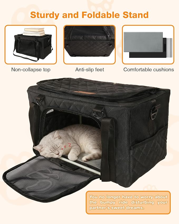 PETUX Airline Approved Cat Carrier for Small Cat - 16" x 10" x 9.5", Double Anti-Escape, Collapsible, Underseat, Under 10 lb with Removable Snack Bag, Safety Buckle, Leash - Ideal for Travel - Black