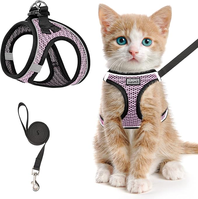 Cat Harness and Leash for Walking Escape Proof, Adjustable Kitten Vest Harness Reflective Soft Mesh Puppy Harness for Outdoor, Comfort Fit, Easy to Control (Lpink, XXS)