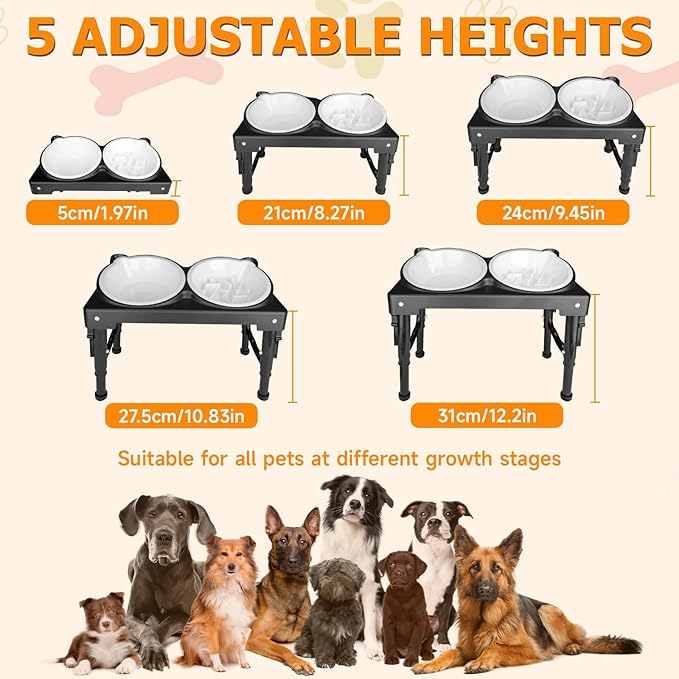 Elevated Dog Bowls Collapsible for Large Size Medium Small Dogs, 2 Raised Dog Bowls for Food Water &1 Slow Feeder Bowl, 5 Heights Adjustable Bowl Stand with Non-Slip Feet