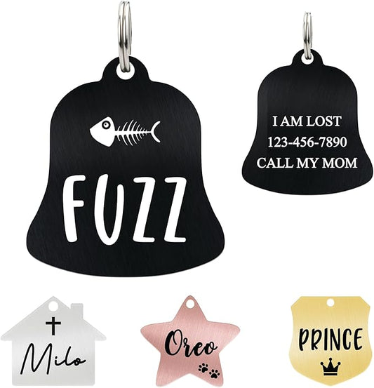 Ultra Joys Cat ID Tag Personalized Pet Tags, Durable Stainless Steel Small Pet Mini Dog Cat Tag Lightweight - Bell Tag in Black