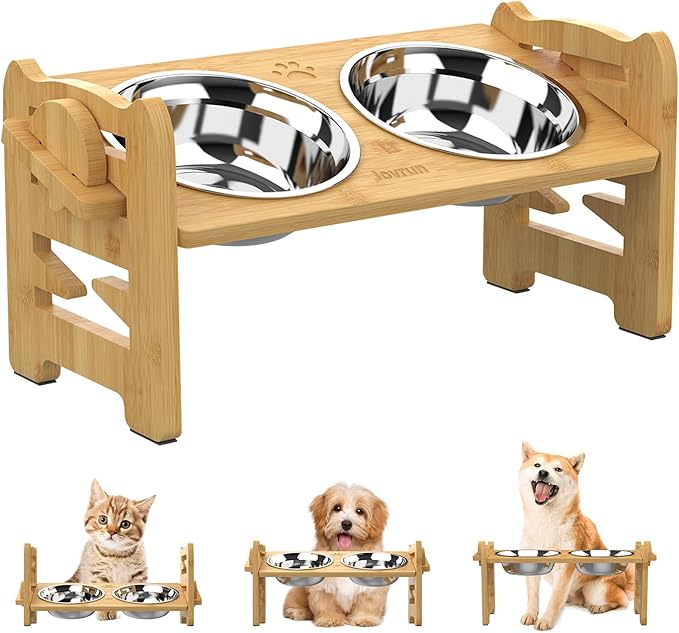 Elevated Dog Bowls, Adjustable Raised Dog Bowl Stand for Small Size Dogs and Cats, 15°Tilted Elevated Cat Bowls, Durable Bamboo Dogs Feeder with 2 Stainless Steel Bowls and Non-Slip Feet