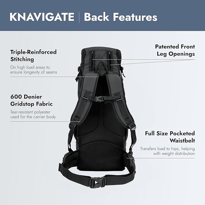 K9 Sport Sack Knavigate - Medium, Midnight Black - Ideal for Dogs with 17-19” Back Length - Adjustable, Backpack-Style Carrier with Internal Frame & Padded Hip Belt