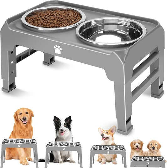 Elevated Raised Dog Bowl Stand with 2 Stainless Steel Bowls, Adjustable Height for Medium Large Dogs, 12.36" - 3.7" Foldable Feeder, Grey