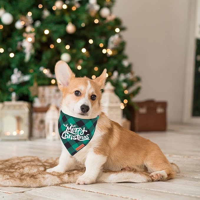 ADOGGYGO Christmas Dog Bandanas, Classic Red Green Plaid Xmas Scarf Triangle Bib, Multiple Sizes Offered, Merry Bandanas for Medium Large Dogs (Large)