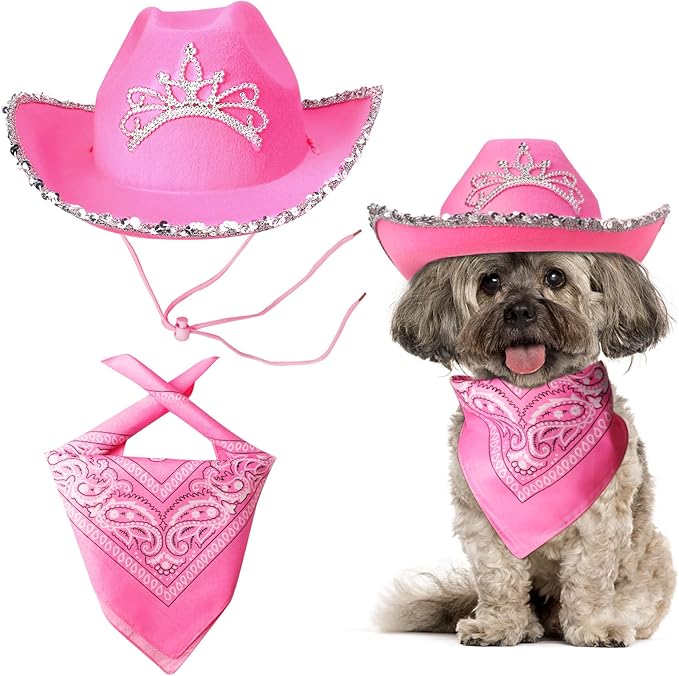 Yewong Pet Pink Cowboy Hat Costume Accessory Set Dog Cat Size Pink Cowgirl Princess Hat with Crown Tiara Bandana/Scarf for Cat Puppy Western Costume Daily Wearing Photo Props (Set A)