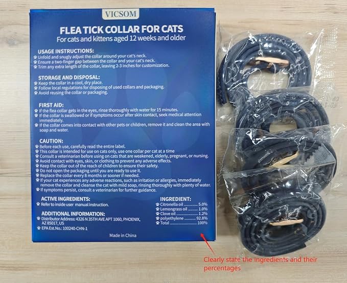 VICSOM 4 Pack Flea and Tick Collar for Cats, 32 Months Treatment, Waterproof Adjustable Kitten Flea Collar, Flea Prevention, Black