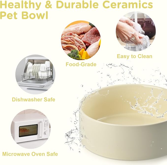 SPUNKYJUNKY Ceramic Elevated Dog Bowls Raised with Acacia Bamboo Wooden Stand, 6.1'' Dog and Cat Food Water Bowls Set Non-Slip for Small Medium Sized Breed Microwave Dishwasher Safe - 28.7 OZ,Beige