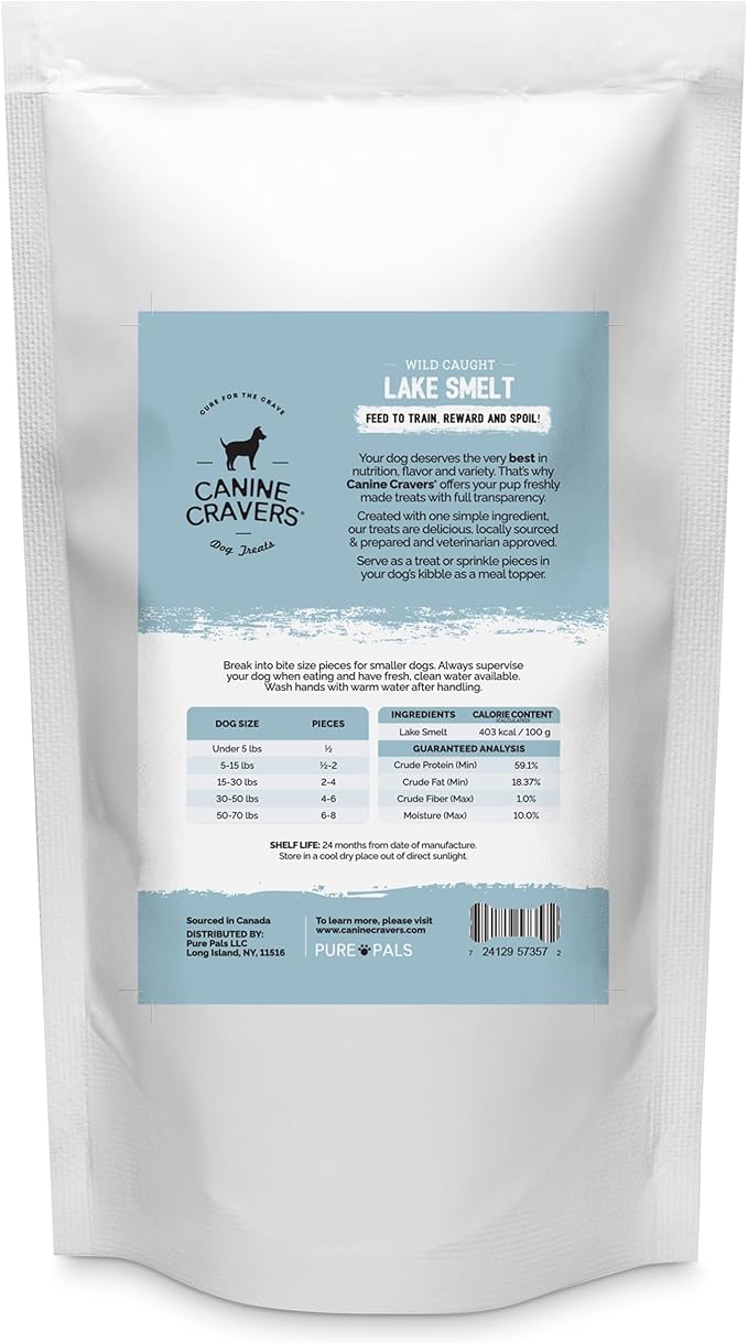 Canine Cravers Single Ingredient Dog Treats – Wild Caught Lake Smelt - Human Grade Air Dried Hypoallergenic Pet Food – Grain, Gluten, and Soy Free – 100% All Natural – 3 oz (Pack of 2)