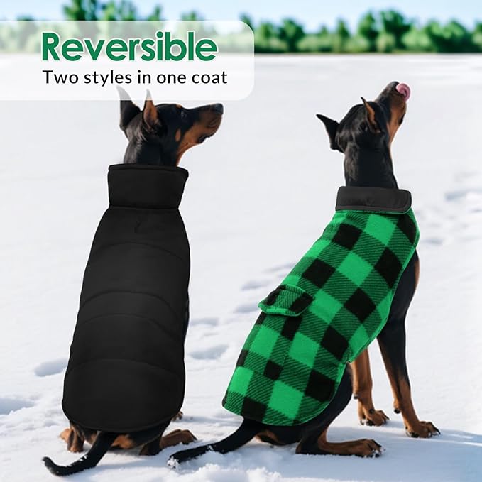 ASENKU Dog Winter Coat, Fleece Doggie Jacket Plaid Reversible Vest Waterproof Windproof Cold Weather Clothes for Small Medium Large Dogs (M, Green)
