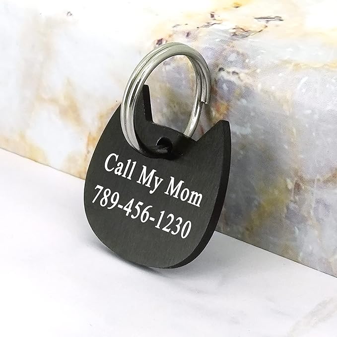 Ultra Joys Cat ID Tag Personalized Pet Tags, Durable Stainless Steel Small Pet Mini Dog Cat Tag Lightweight - Cathead Tag in Black