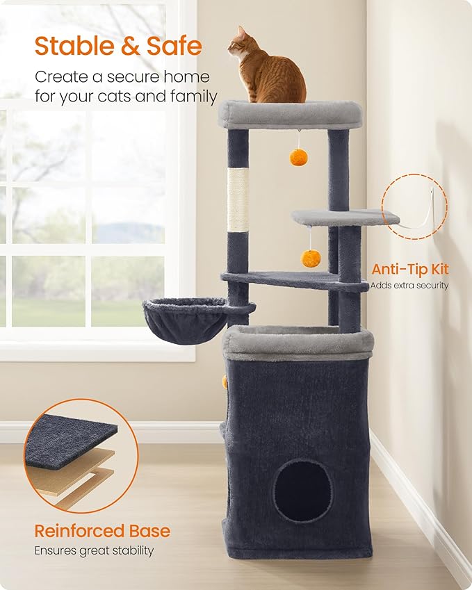 Feandrea Tall Cat Tree Tower, Multiple-Level Cat Condo with 2 Caves, 3 Scratching Posts, 3 Perches, Dark Gray UPCT007G02