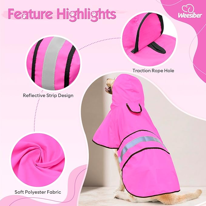 Weesiber Dog Raincoat - Reflective Dog Rain Jacket - Waterproof Dog Rain Coat - Adjustable Dog Poncho - Lightweight Dog Slicker for Dog Walking (Large, Pink)