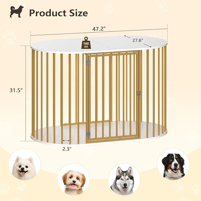 TVU 48 Inch Dog Crate Furniture, Heavy Duty Dog Kennel Indoor for Large Dogs, Oval Decorative Pet House End Table for Living Room, Bedroom, Hallway, 47.2" L x 27.6" W x 31.5" H, White, Gold
