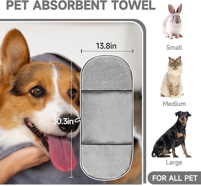 Dog Towels for Drying Dogs Small Medium Large, 2 Pack Dog Cat Drying Bath Towel 30.3"x13.8" with Hand Pocket,Absorbent Pet Towel for Dog Cat Grey