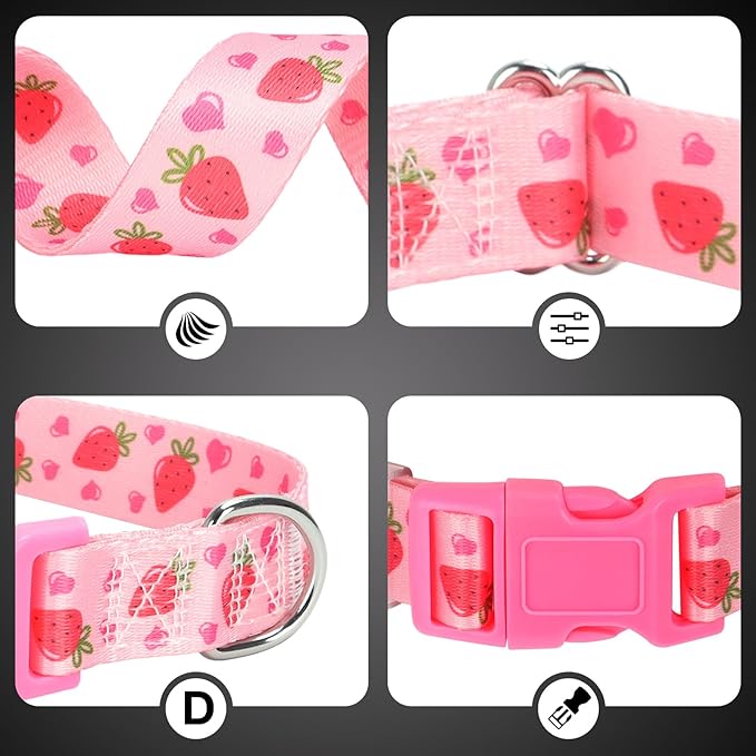 Soft Nylon Adjustable Dog Collar with Cute Strawberry Design - Pink Durable Collar for Small, Medium, Large & XL Dogs | No-Slip Comfort Fit (XL)