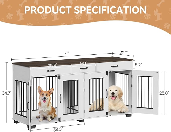 71 inch Dog Crate Furniture for 2 Dogs, Wooden Double Dog Crate with 3 Drawers and Removable Room Divider, XXL Indoor Dog Kennel TV Stand End Table with Double Doors for Large Medium Dogs, White