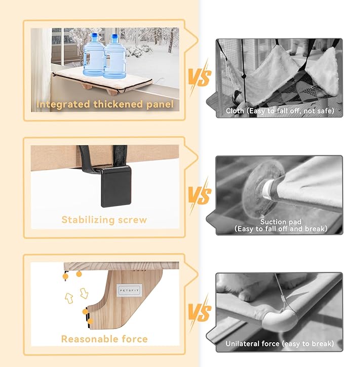 PETSFIT Window Perch, Cat Hammock Window Seat with Natural Solid Wood&Removable Fleece Mat,Safety Sturdy Cat Bed for Windowsill, Bedside and Drawer