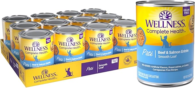 Wellness Complete Health Pate Adult Wet Cat Food, Natural, Protein-Rich, Grain Free, 12.5 Ounce, 12 Pack, (Beef & Salmon)