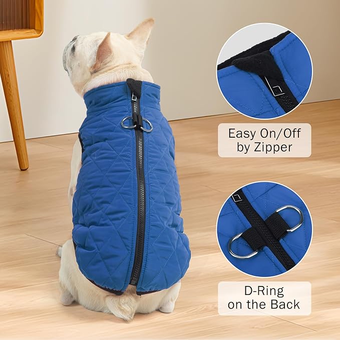 SCENEREAL Winter Dog Vest Coat with Harness Built in, Warm Puppy Jacket for Small Medium Dogs, Cold Weather Coat with Zipper, Fleece Puffer Vest Windproof Snow Clothes, Blue M