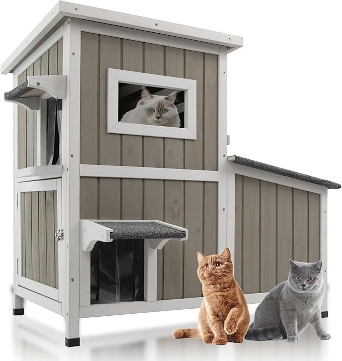 Outdoor Cat House Weatherproof, Two Story Wooden Feral Cat House Shelter with 3 Escape Door, Outside Cat Condo for Small Animals with Openable Asphalt Roof, Grey